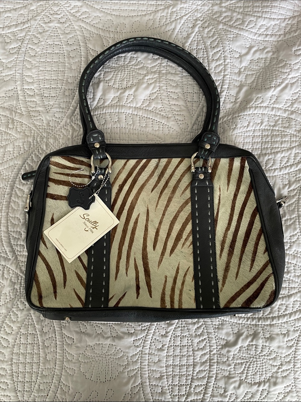Scully Zebra-Print Satchel in Brown & Cream with Black Trim